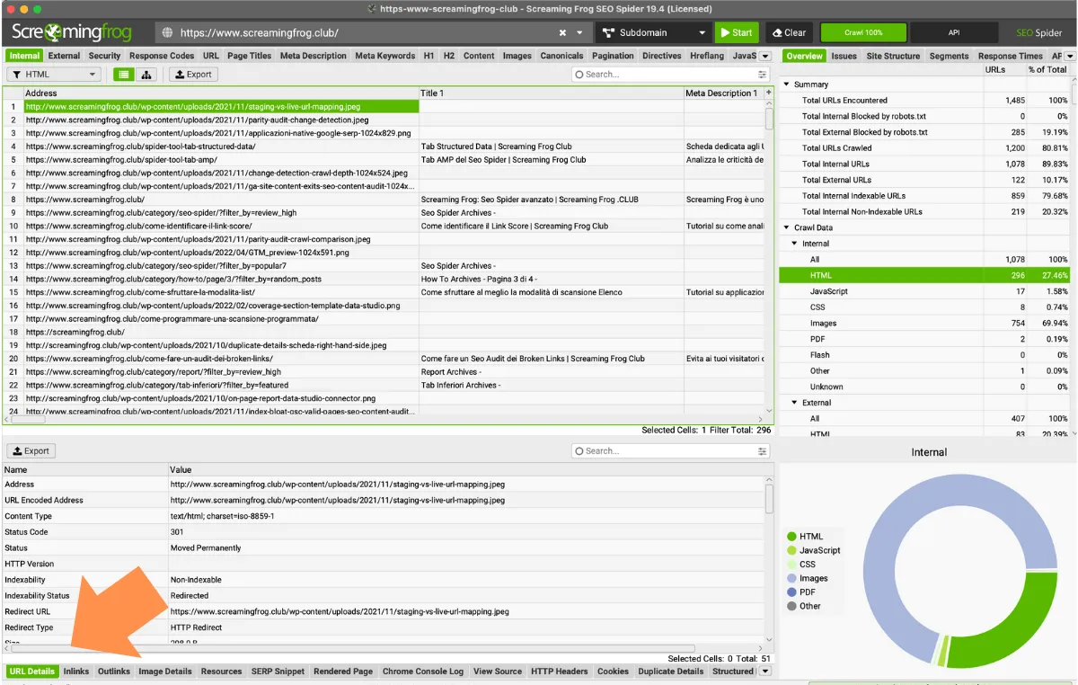 Tab inferiore del seo spider con i dettagli sugli URLs scansionati