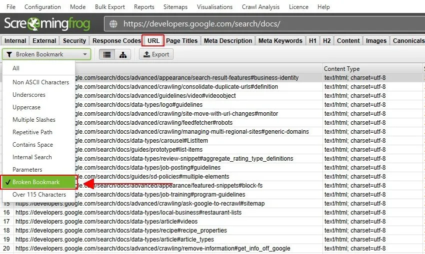 broken bookmarks scoperti con il crawl
