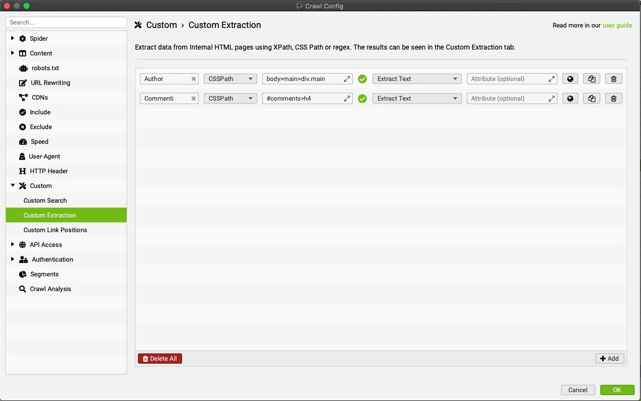 configurazione custom extraction