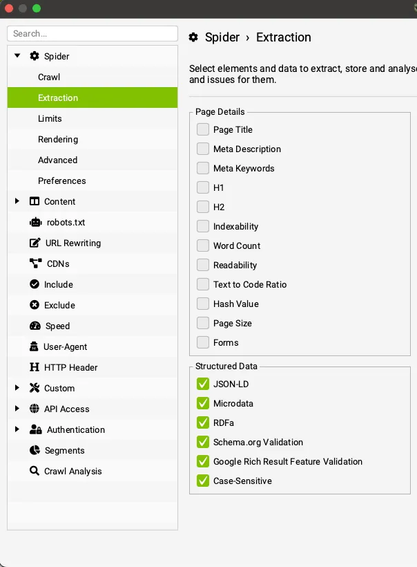 configurazione di screaming frog per analisi dati strutturati con il crawl