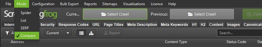 Selezione dal menu del seo spider della funzionalità Compare