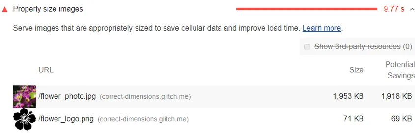Pagespeed size images