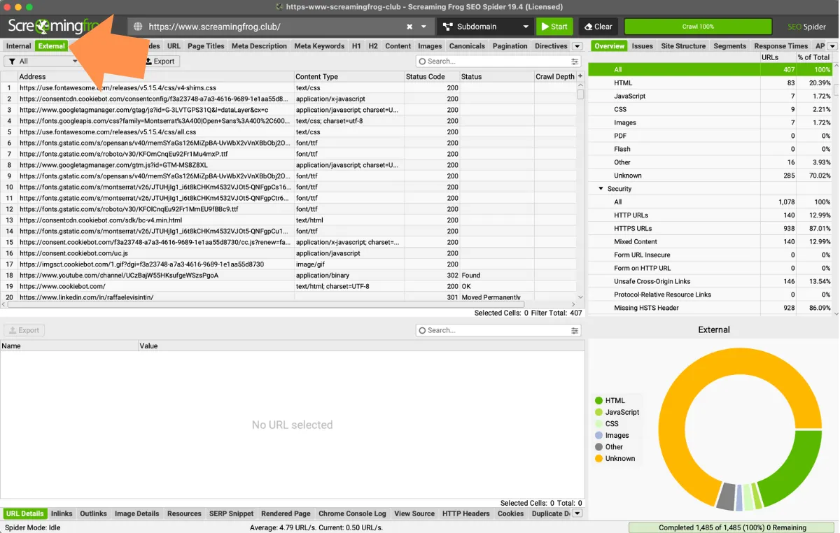 Tab External of the Seo Spider Screaming Frog