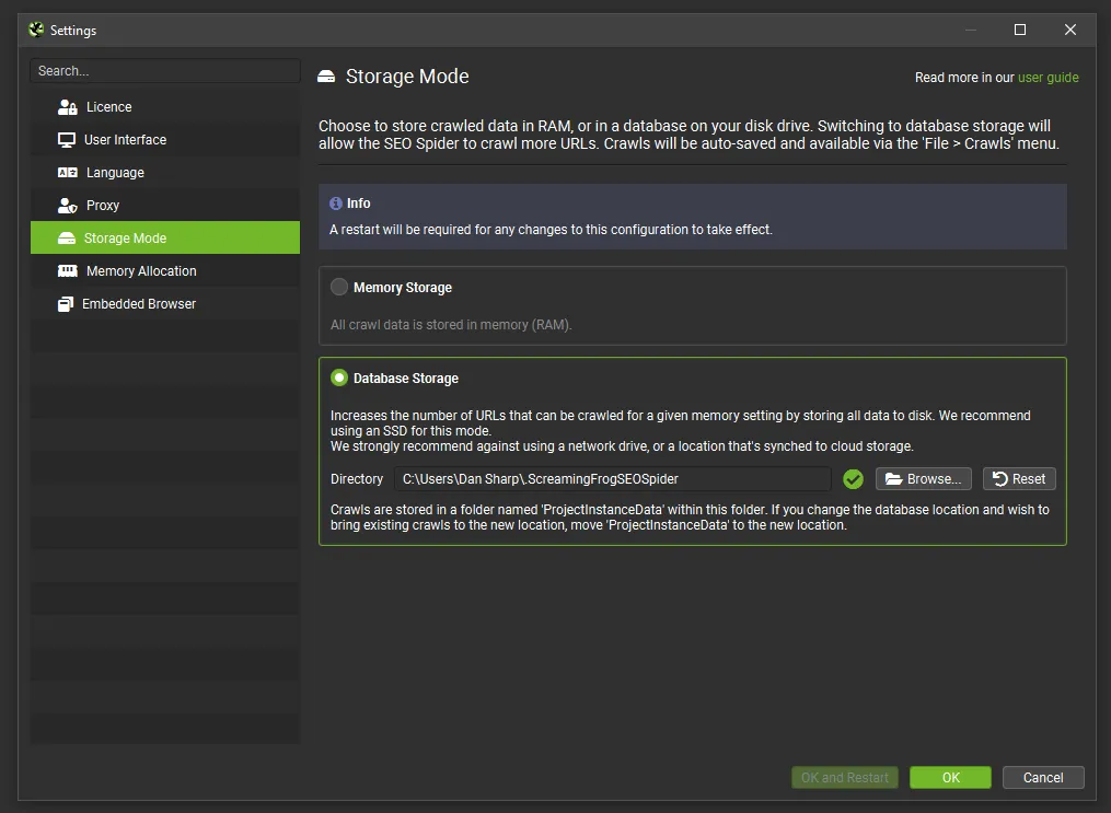 storage mode nella versione 19 del seo spider