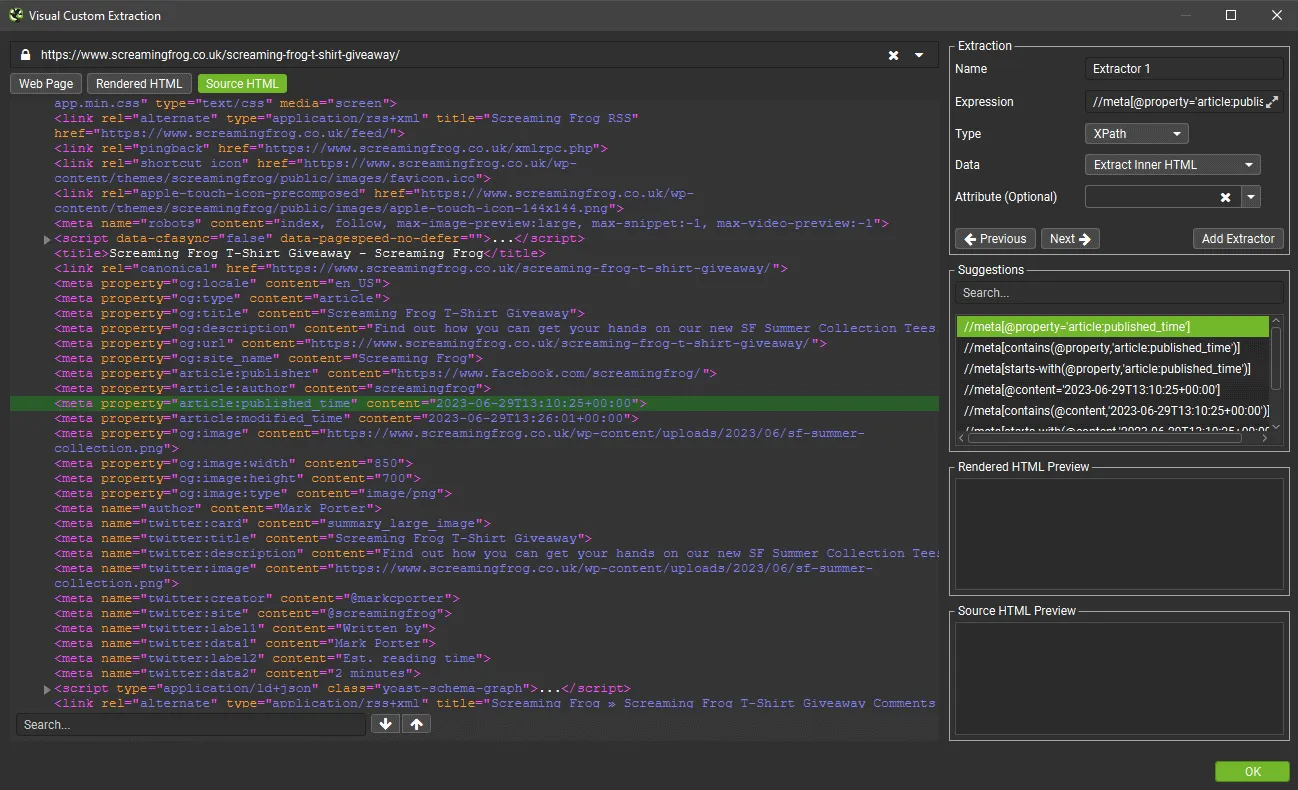 Esempio custom extraction con il seo spider