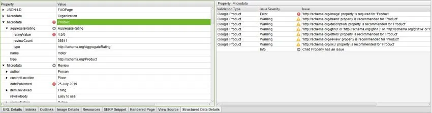 visione panoramica della scheda dati strutturati su screaming frog