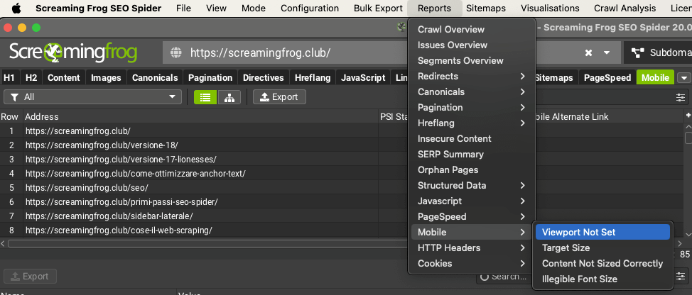 Report usabilita mobile di screaming frog Report sull'usabilita mobile di screaming frog con versione 20