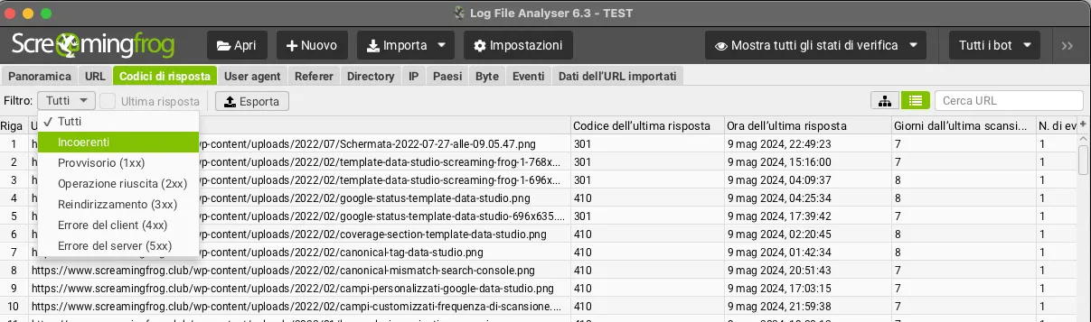 File log con filtro Incosistent Utilizzo del filtro Incosistent con Log file analyser