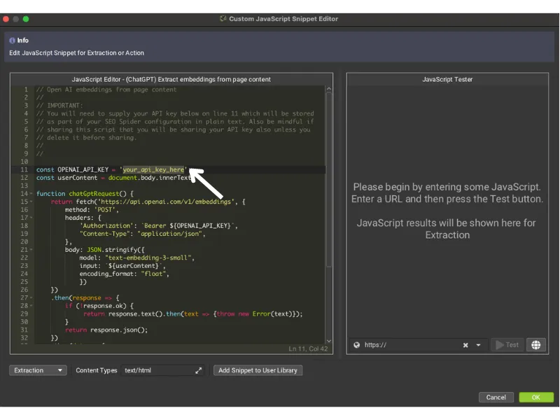Javascript snippet for extraction embedding