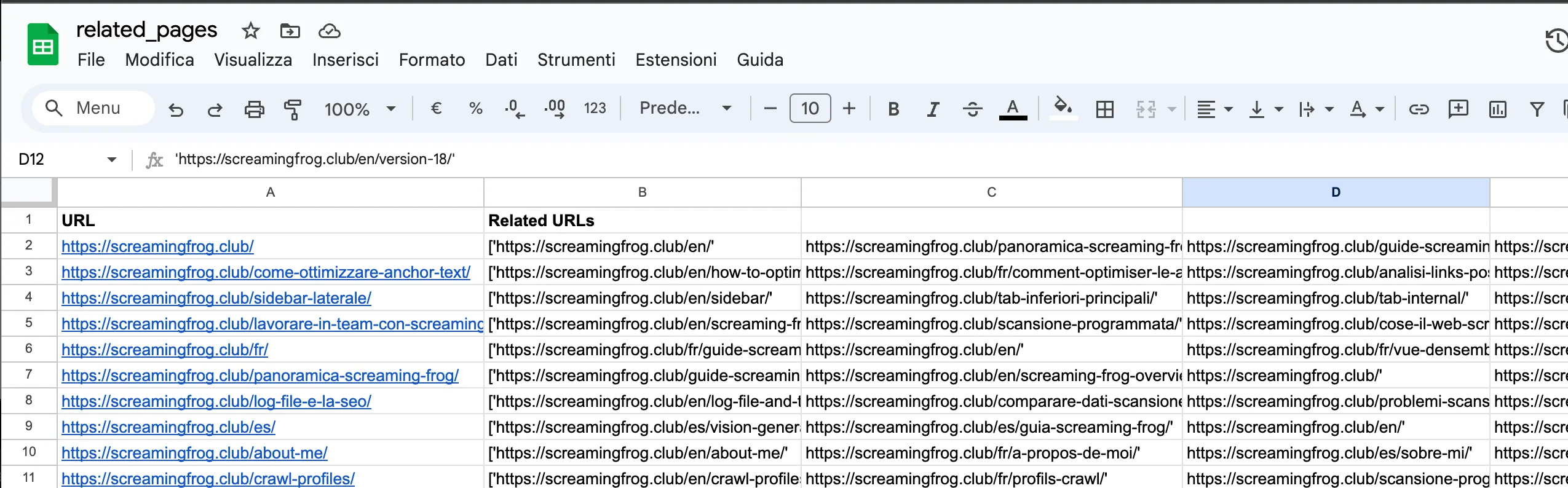 Pagine correlate ottenute da embeddings Screaming Frog
