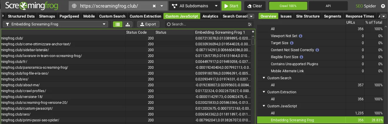 Tab Custom Javascript su Screaming Frog per analizzare gli embeddings