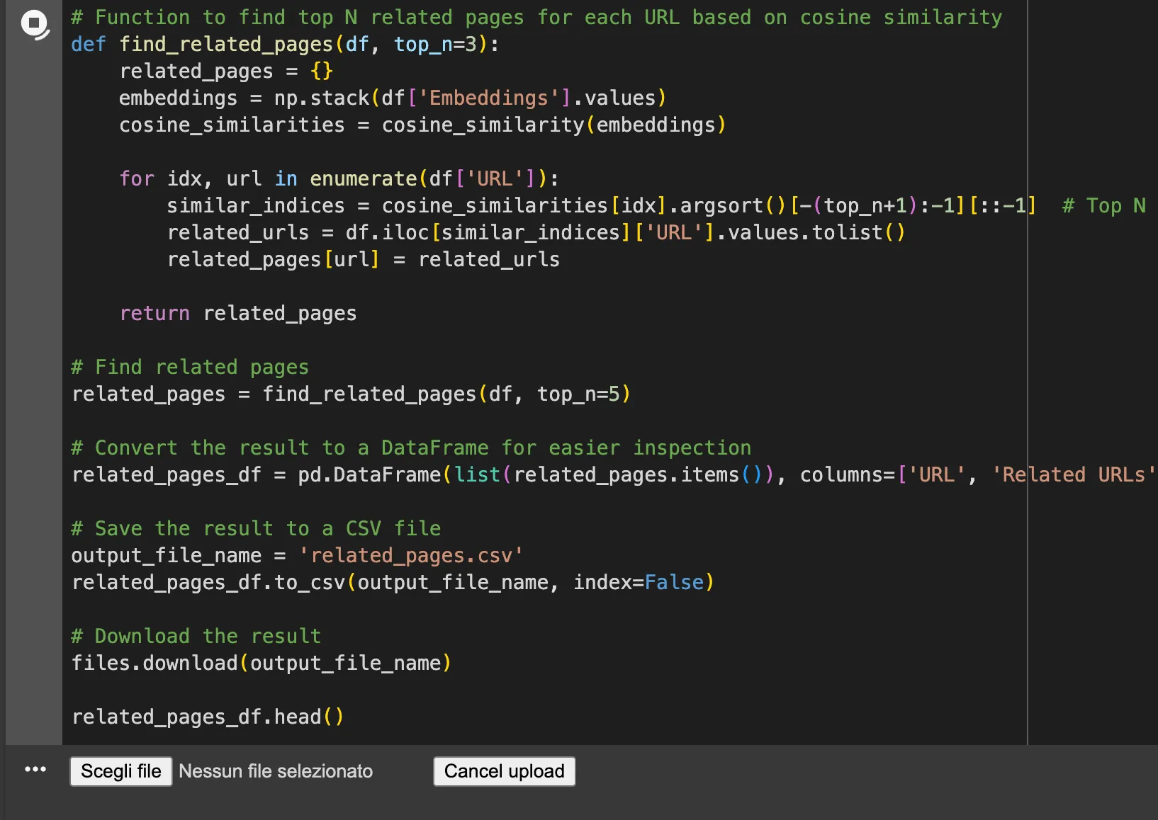 Upload file su Colab per elaborazione embeddings