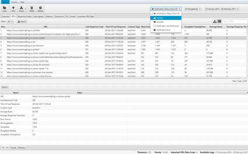 Log file analyser, importazione dei log