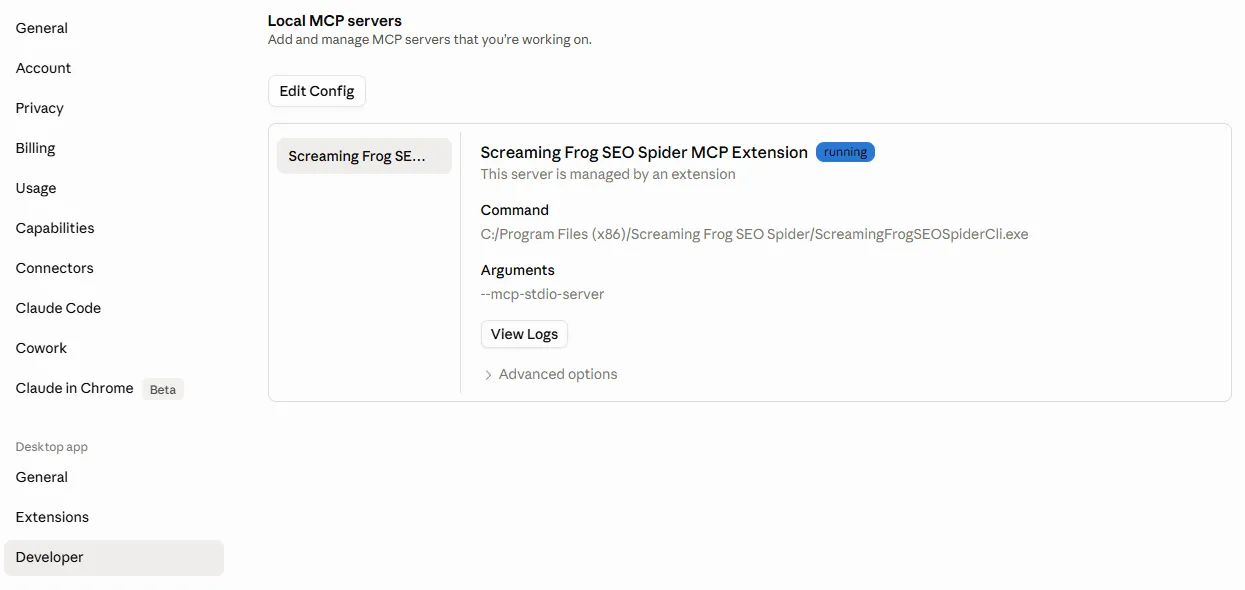 Sezione Developer di Claude Desktop con la Screaming Frog SEO Spider MCP Extension in stato running e argomento --mcp-stdio-server