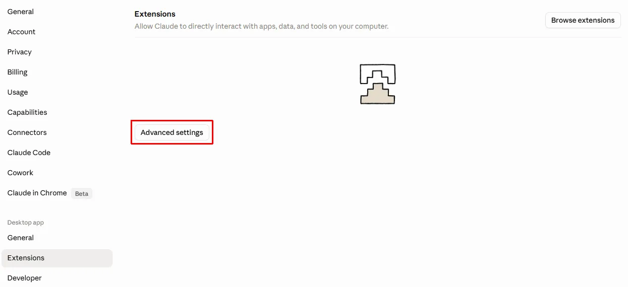 Impostazioni di Claude Desktop nella sezione Extensions con il pulsante Advanced settings