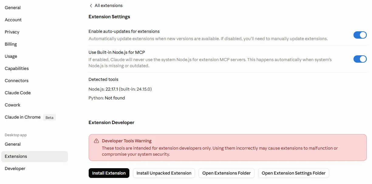 Advanced settings delle estensioni in Claude Desktop con l’opzione Use Built-in Node.js for MCP e il pulsante Install Extension