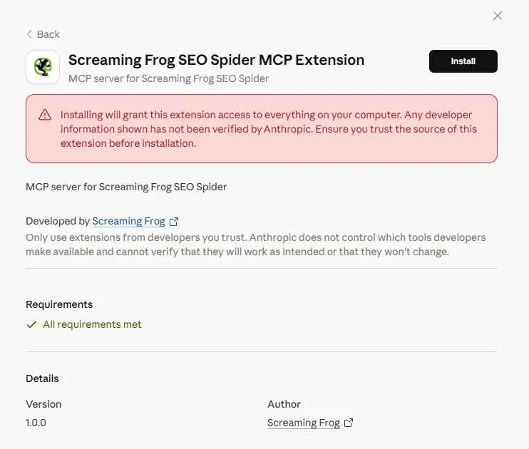 Finestra di installazione della Screaming Frog SEO Spider MCP Extension in Claude Desktop con avviso di sicurezza e requisiti soddisfatti