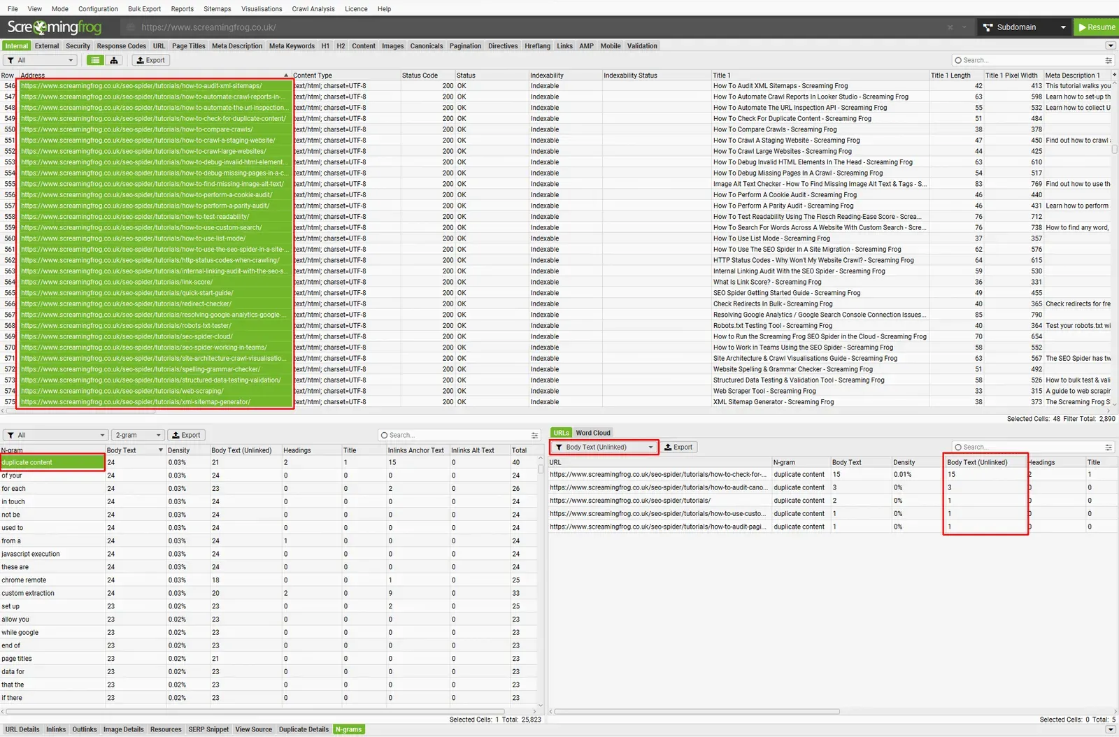 Screaming Frog con las páginas de tutoriales seleccionadas, el 2-gram duplicate content y las páginas que lo citan sin enlace