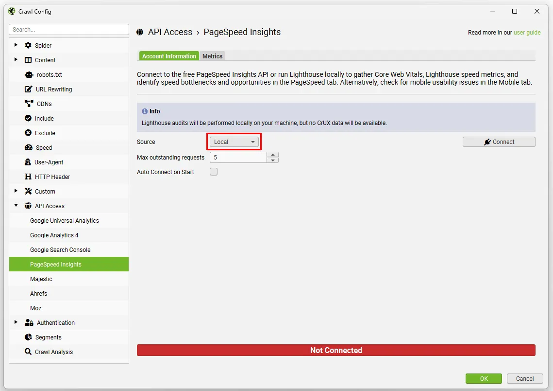Crawl Config de Screaming Frog en API Access › PageSpeed Insights con la fuente Local para ejecutar Lighthouse en local