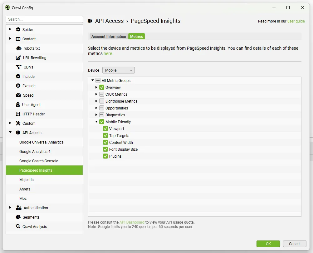 Crawl Config de Screaming Frog en API Access › PageSpeed Insights con el grupo de métricas Mobile Friendly