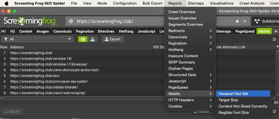 Menú Reports › Mobile de Screaming Frog SEO Spider 20 con los informes de usabilidad móvil