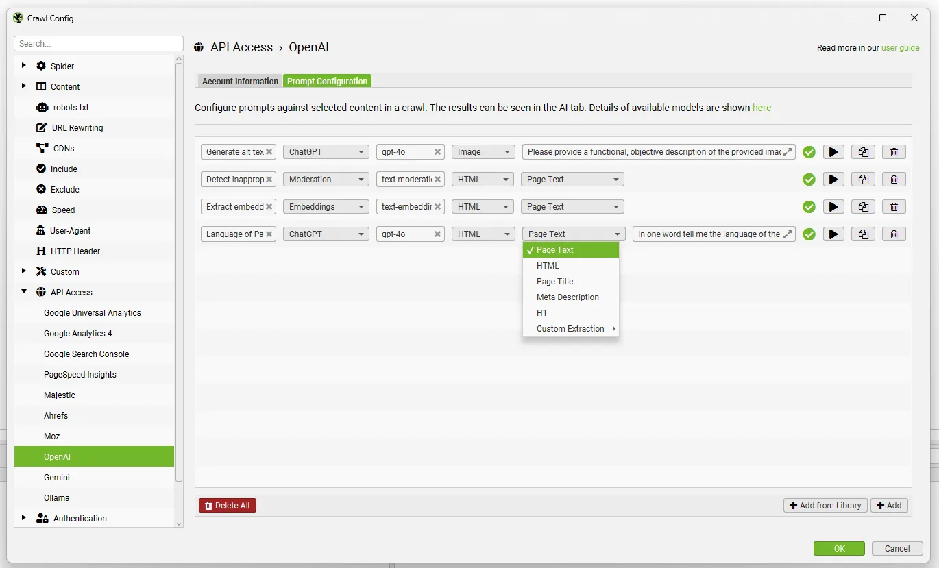 Crawl Config de Screaming Frog en API Access › OpenAI con cuatro prompts configurados y el menú del contenido que analizar