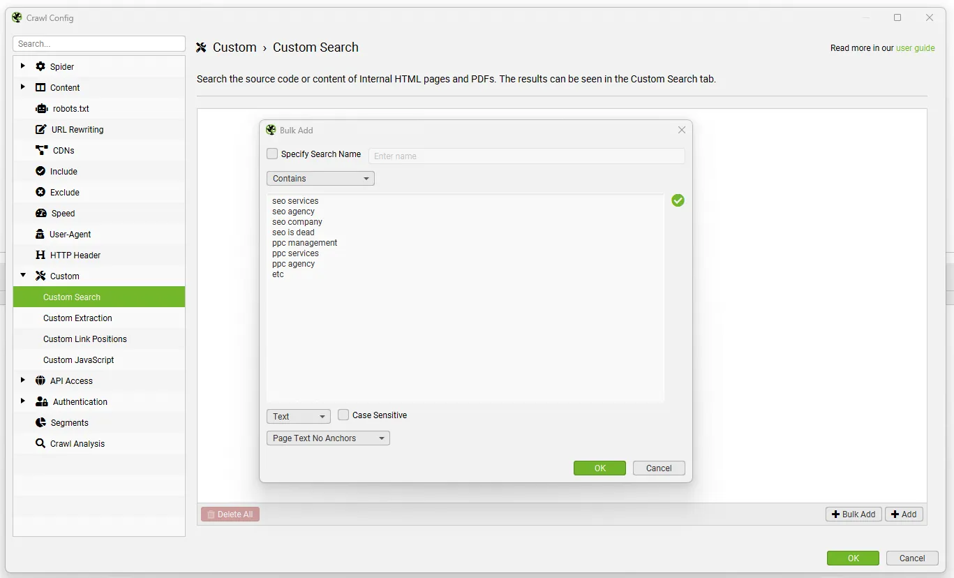 Ventana Bulk Add de la Custom Search de Screaming Frog con una lista de palabras clave que buscar