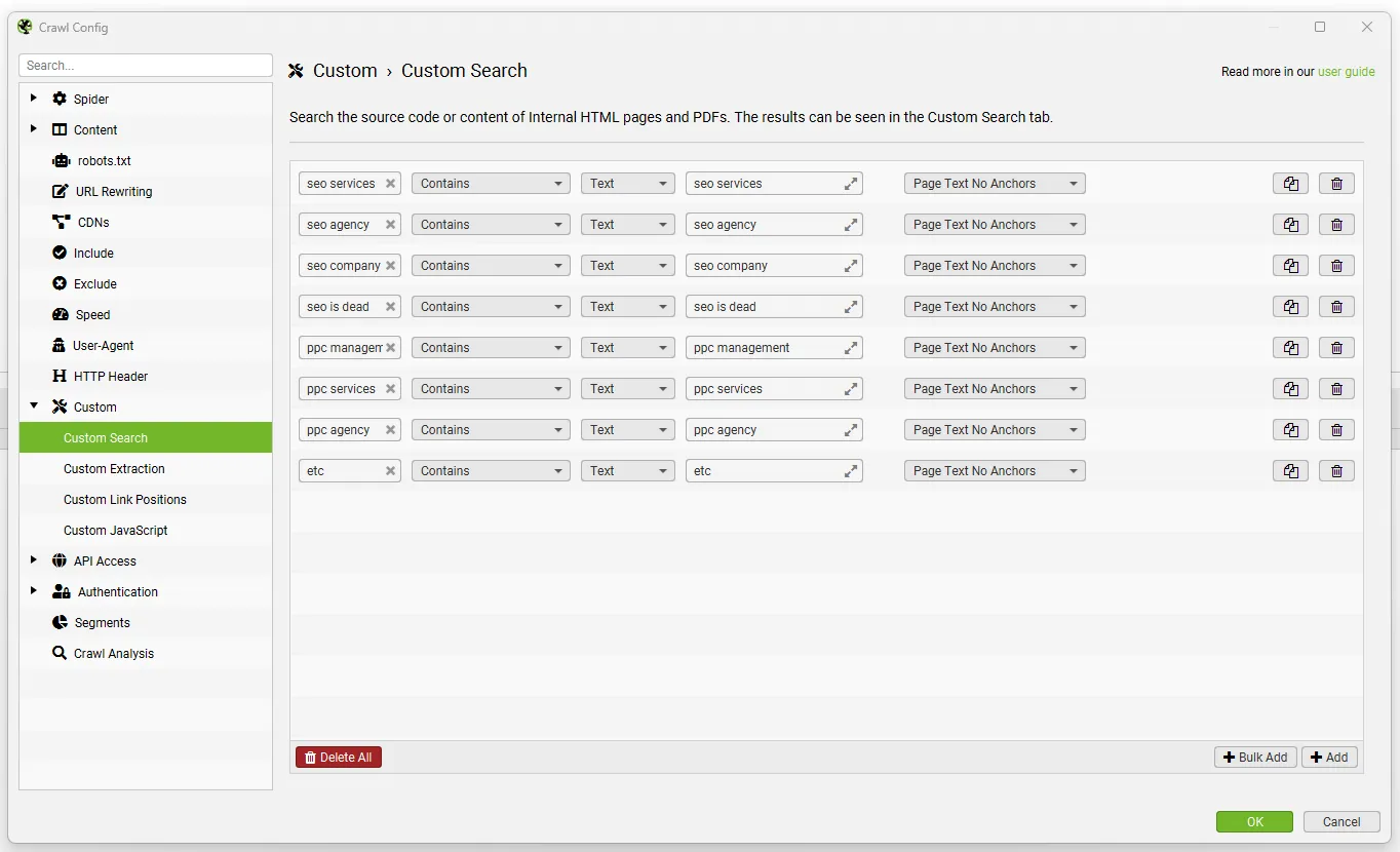 Custom Search de Screaming Frog con ocho búsquedas creadas en bloque con Bulk Add