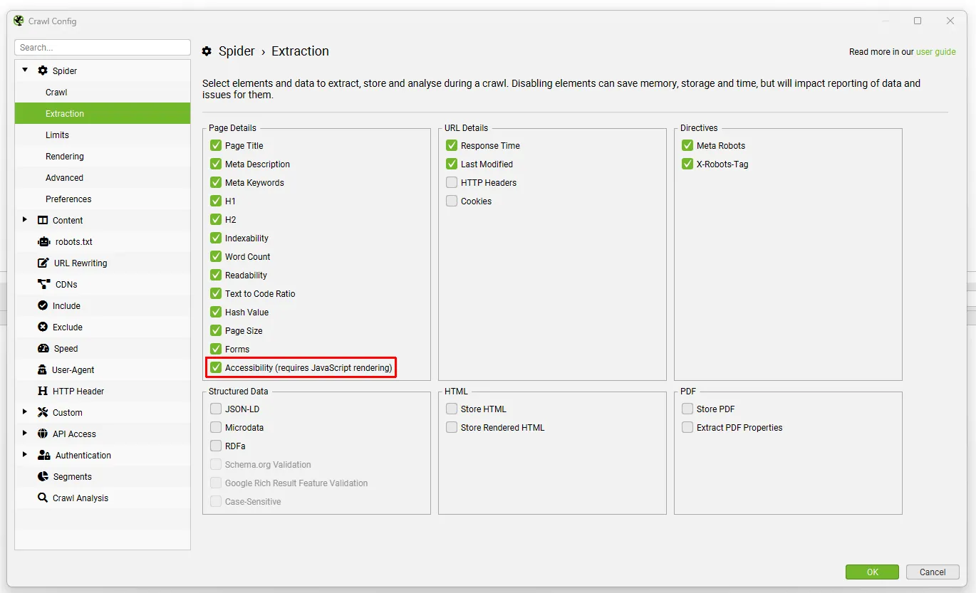 Crawl Config de Screaming Frog en Spider › Extraction con la opción Accessibility, que requiere el renderizado JavaScript