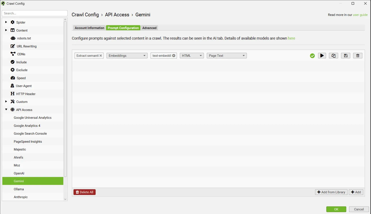 Crawl Config de Screaming Frog en API Access › Gemini con un prompt Embeddings sobre Page Text