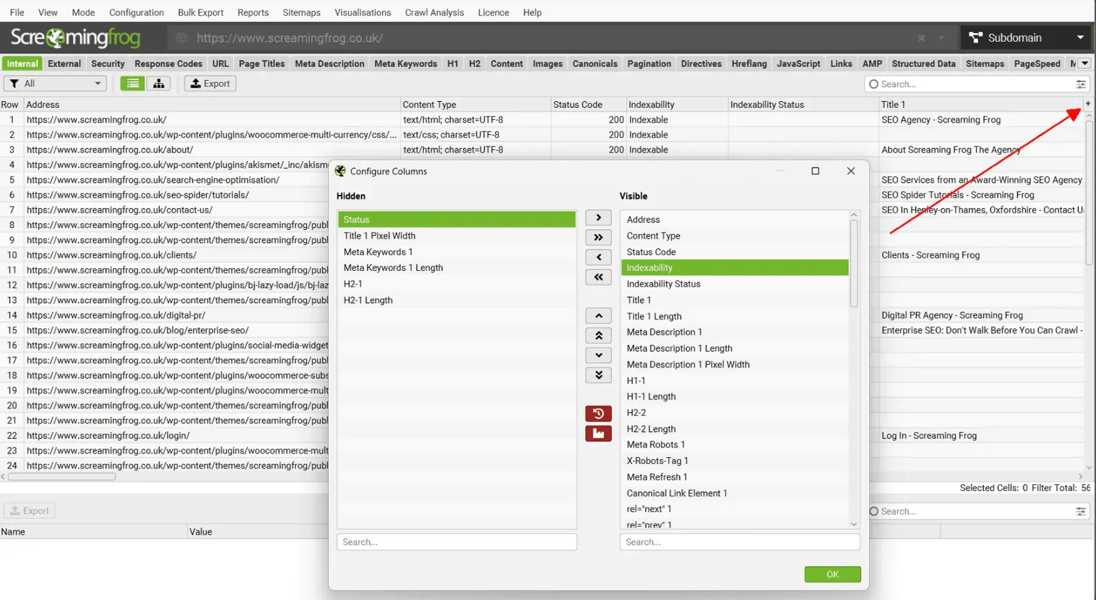 Ventana Configure Columns de Screaming Frog con las columnas ocultas y visibles de la pestaña Internal