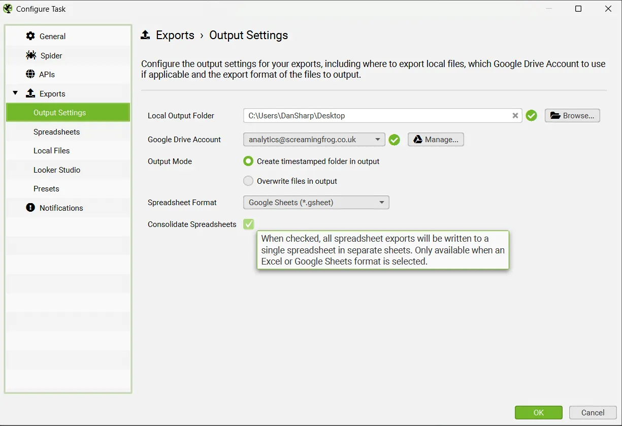 Exports › Output Settings de Screaming Frog con la opción Consolidate Spreadsheets y el formato Google Sheets