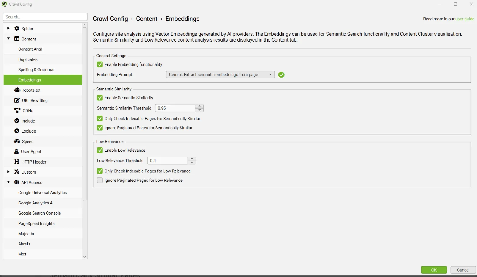 Crawl Config de Screaming Frog en Content › Embeddings con Semantic Similarity y Low Relevance activados