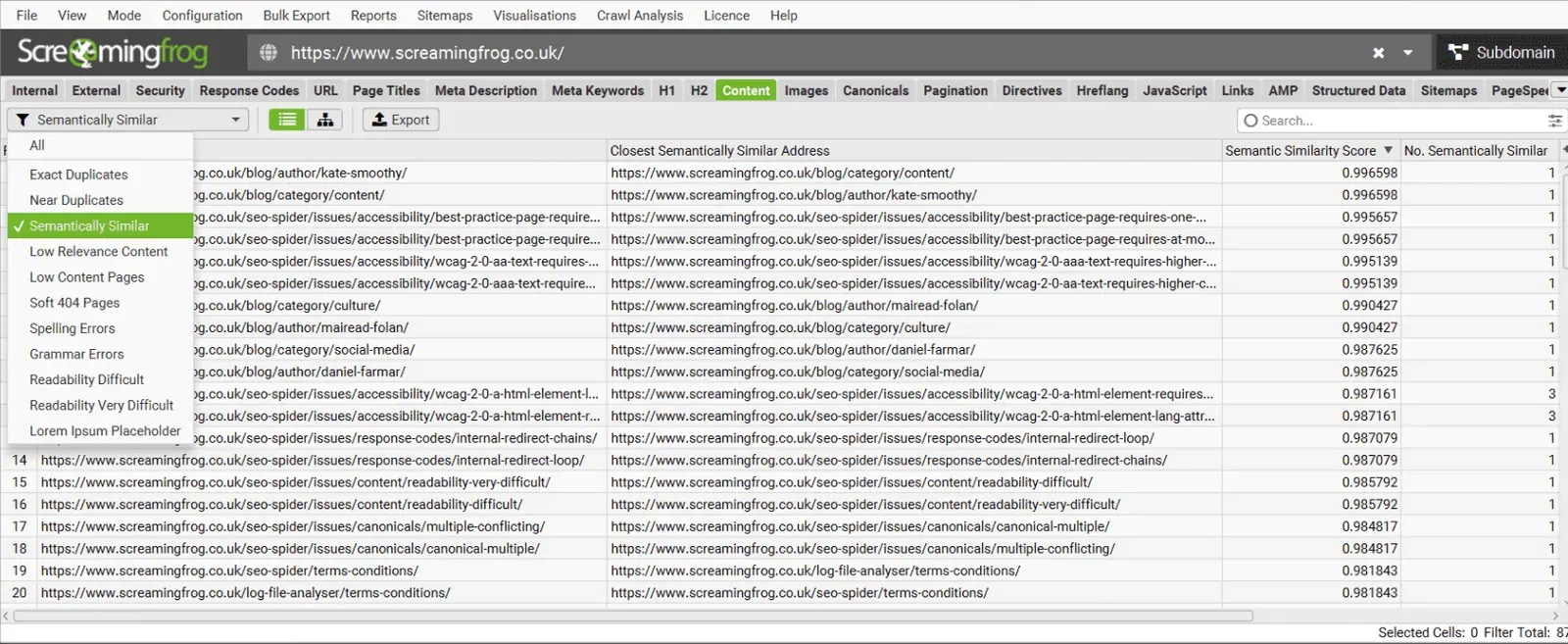 Pestaña Content de Screaming Frog 22 con el filtro Semantically Similar y las columnas Closest Semantically Similar Address y Semantic Similarity Score