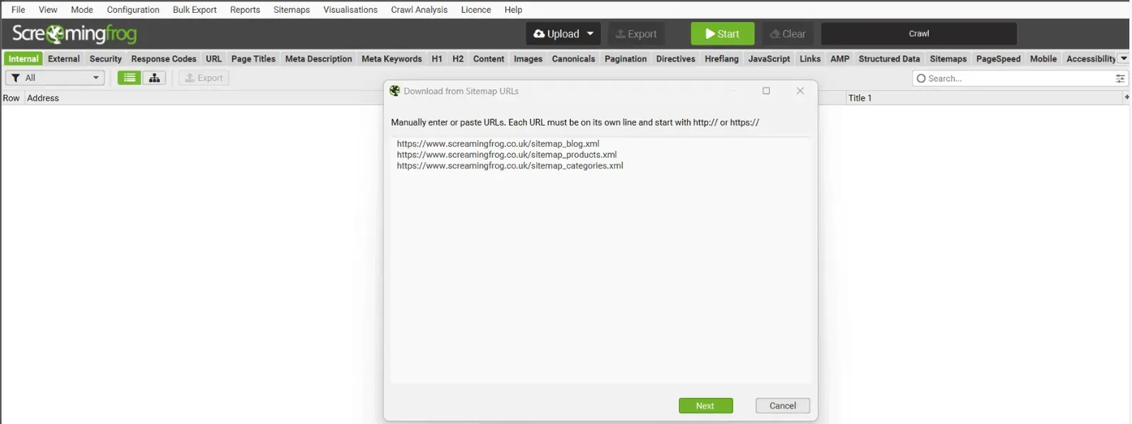 Ventana Download from Sitemap URLs de Screaming Frog con tres sitemaps XML introducidos