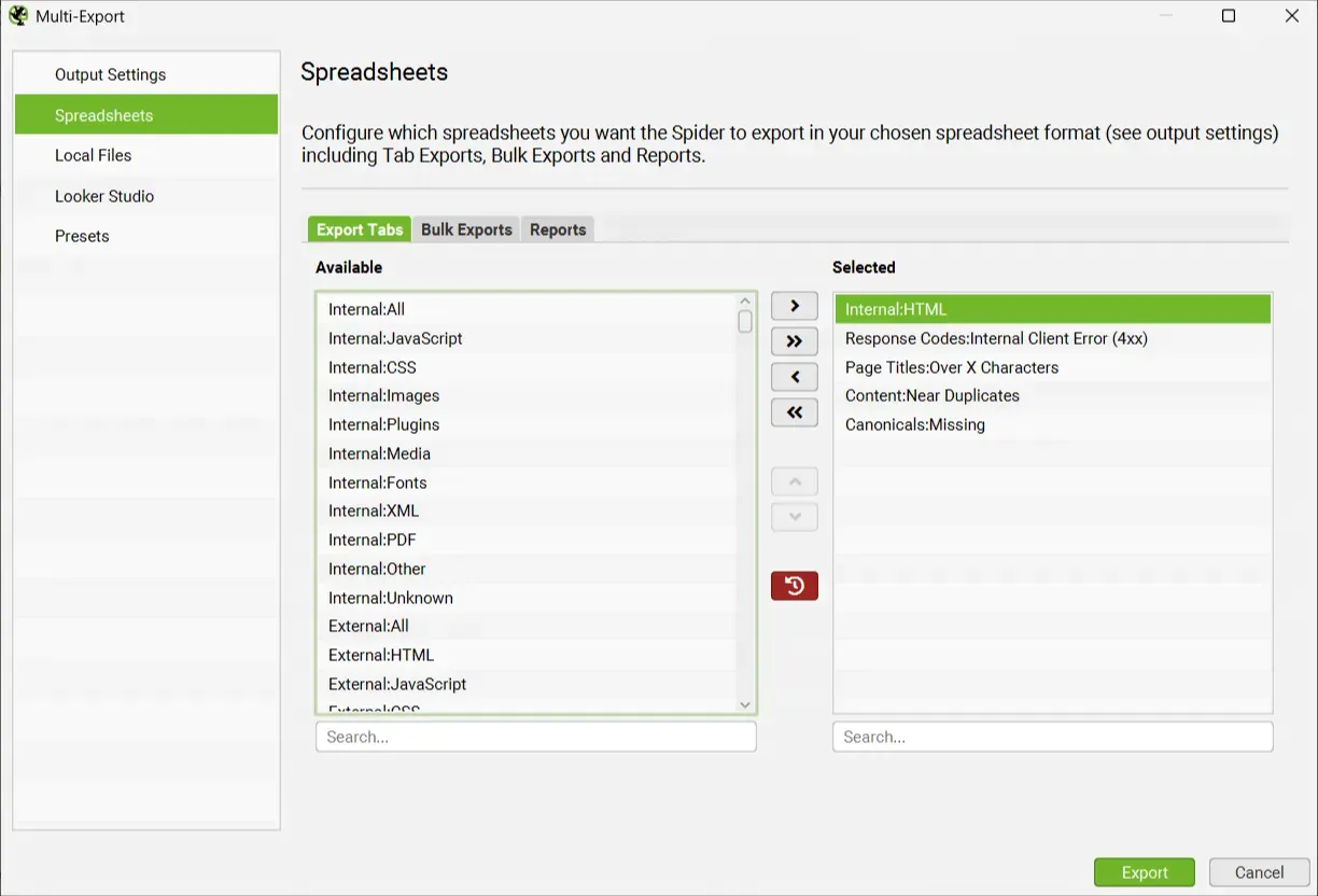 Ventana Multi-Export de Screaming Frog con Export Tabs y cinco pestañas seleccionadas para exportar
