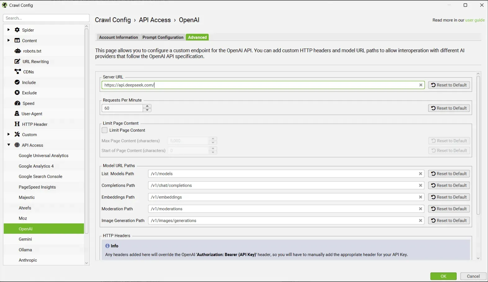 Pestaña Advanced de la integración con OpenAI de Screaming Frog con un Server URL personalizado de DeepSeek y los Model URL Paths