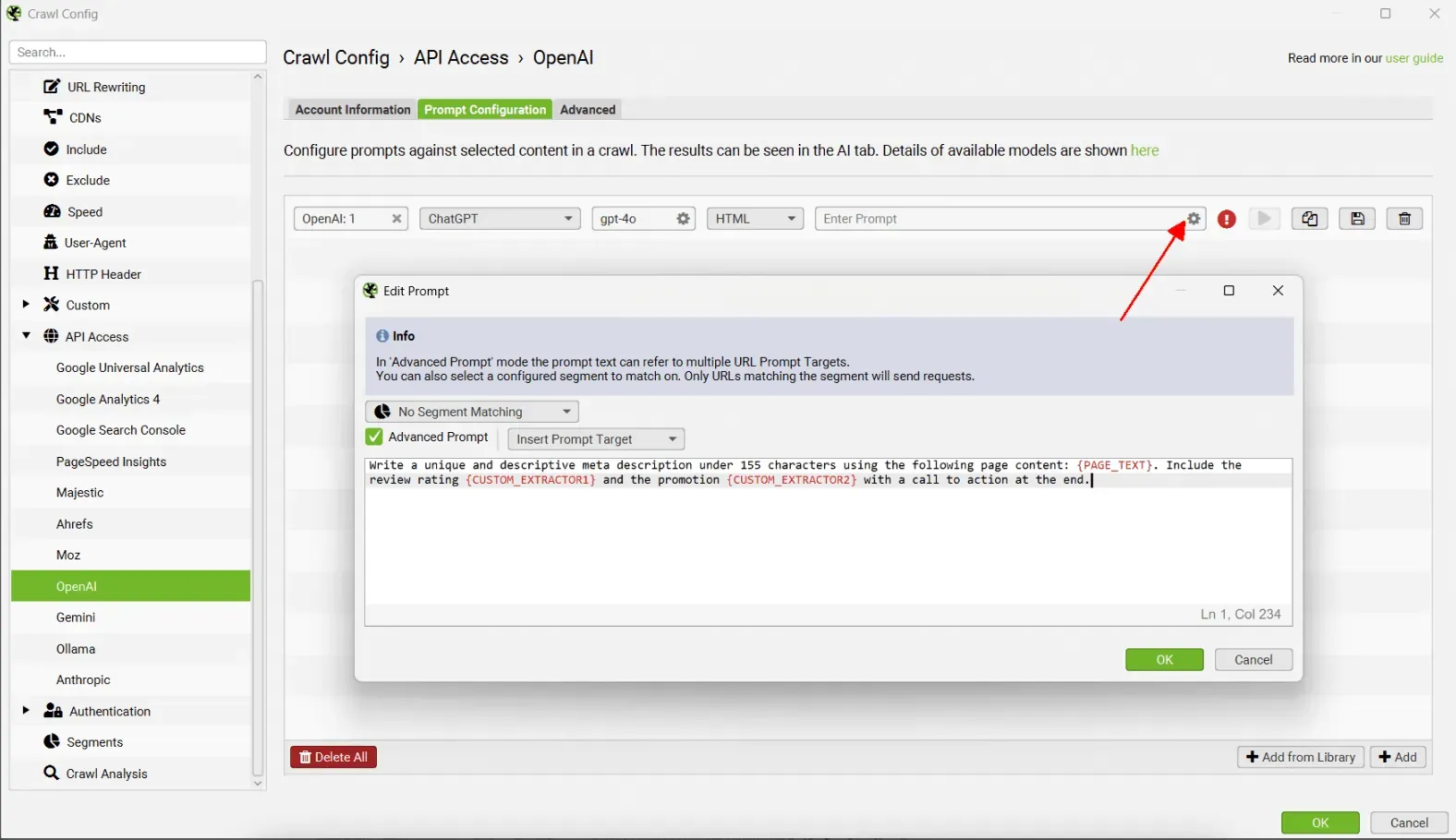 Ventana Edit Prompt de Screaming Frog con Advanced Prompt y los Prompt Target PAGE_TEXT y CUSTOM_EXTRACTOR