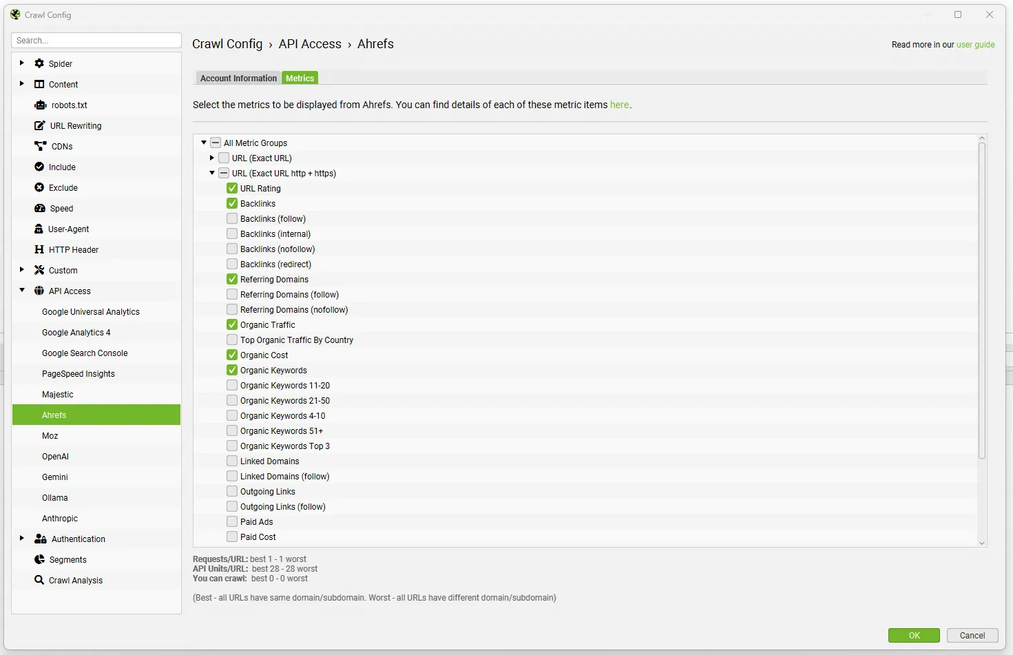 Crawl Config de Screaming Frog en API Access › Ahrefs con la pestaña Metrics y las métricas seleccionables