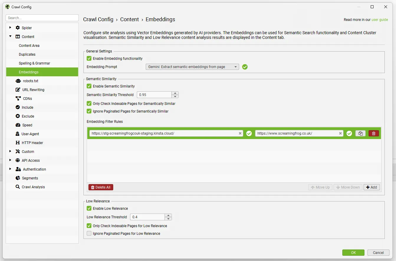 Crawl Config de Screaming Frog en Content › Embeddings con las Embedding Filter Rules entre staging y el sitio en producción