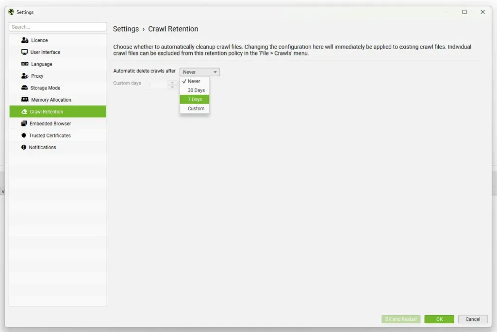 Settings de Screaming Frog en la sección Crawl Retention con las opciones Never, 30 Days, 7 Days y Custom