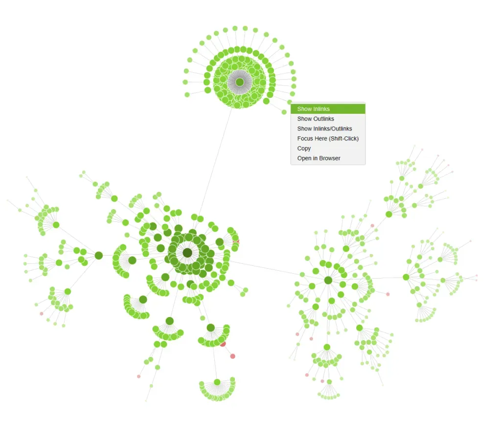 Crawl Diagram de Screaming Frog con el menú del botón derecho y la opción Show Inlinks