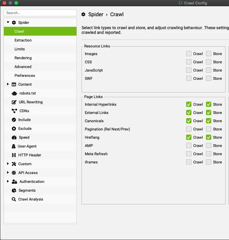 Crawl Config › Spider › Crawl de SEO Spider con Crawl y Store activos solo para Internal Hyperlinks, External Links, Canonicals y Hreflang