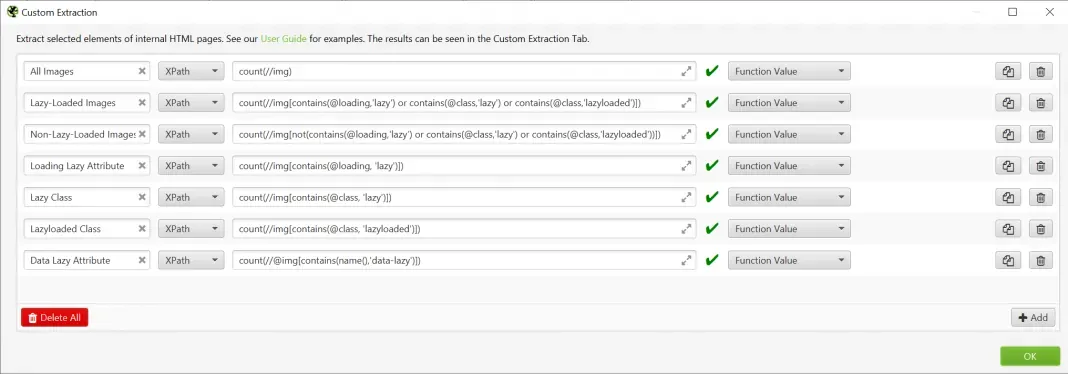 Screaming Frog Custom Extraction window with the seven count() XPath extractors for image lazy loading and the Function Value option