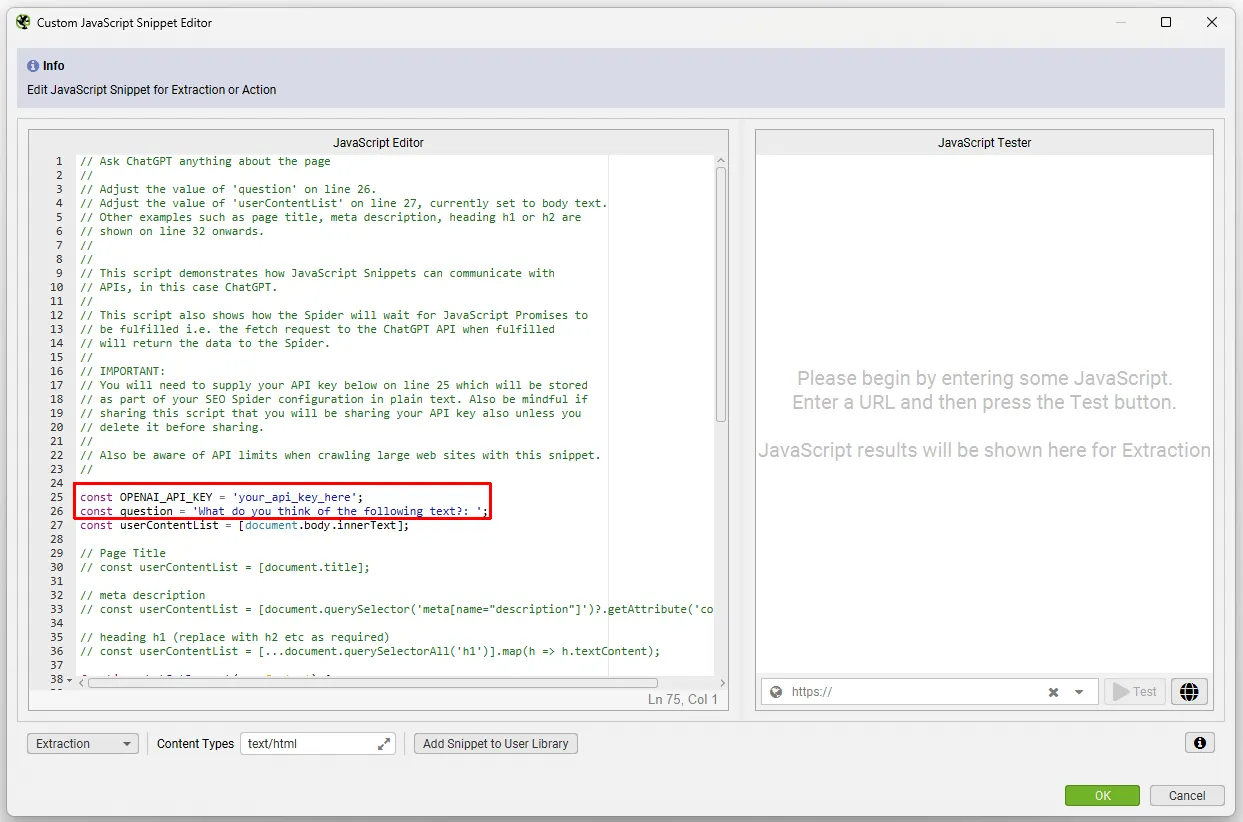 Custom JavaScript Snippet Editor de Screaming Frog con el snippet de ChatGPT y el JavaScript Tester