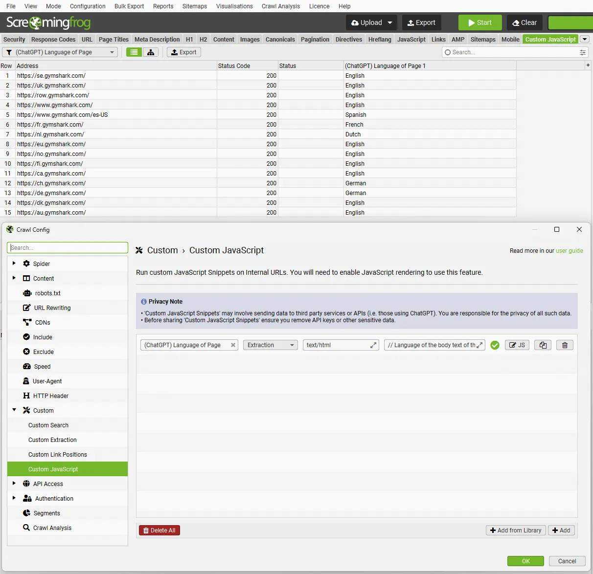 Pestaña Custom JavaScript de Screaming Frog con el idioma de las páginas detectado por ChatGPT y el snippet configurado