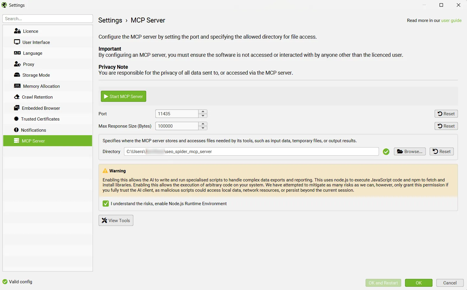 Impostazioni File › Settings › MCP Server di Screaming Frog SEO Spider 24 con Start MCP Server, porta 11435, cartella dei file e consenso a Node.js
