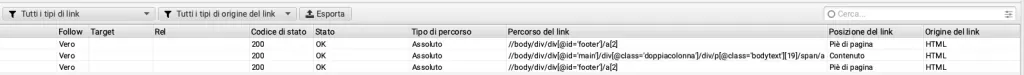 Columnas Link Path y Link Position de la pestaña Inlinks de Screaming Frog: los enlaces spam están en el pie de página y en el contenido