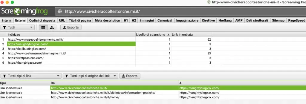 Pestaña inferior Inlinks de Screaming Frog con las tres páginas del sitio que enlazan al dominio spam naughtyblogxxx.com