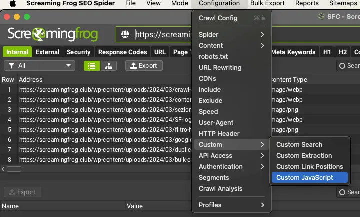 Menú Configuration › Custom › Custom JavaScript de Screaming Frog SEO Spider